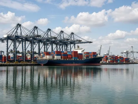 Commercial seaport with container cranes and cargo ships