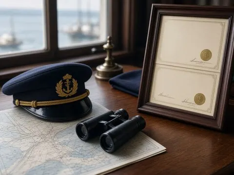 Maritime officer cap and nautical chart for ranks and roles